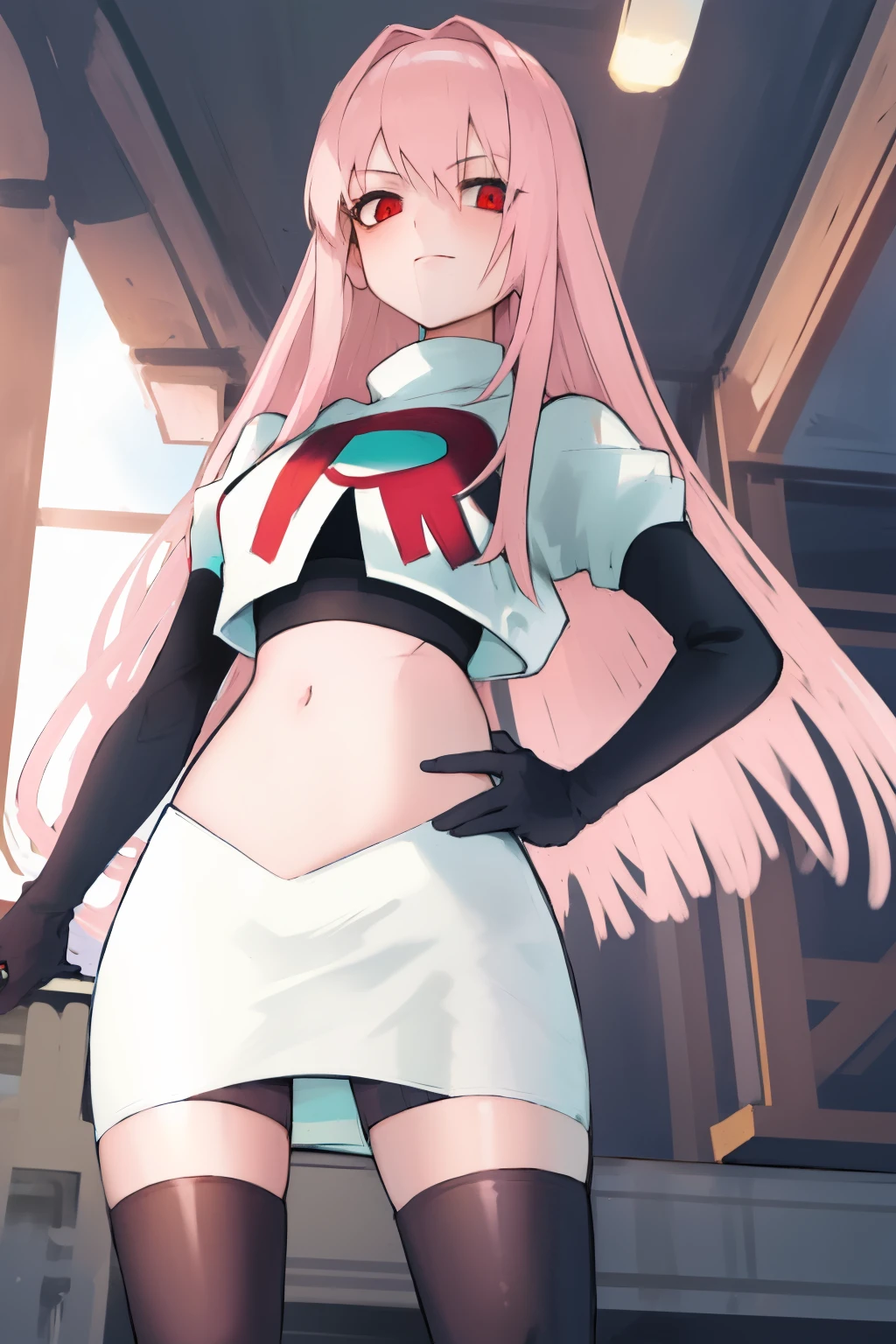 Masterpiece, Detailed, High quality, (absurdist), High Sharpness, High resolution, maiddoll, 1girls, Solo, light pink hair,team rocket,team rocket uniform, red letter R, white skirt,white crop top,black thigh-highs, black elbow gloves,