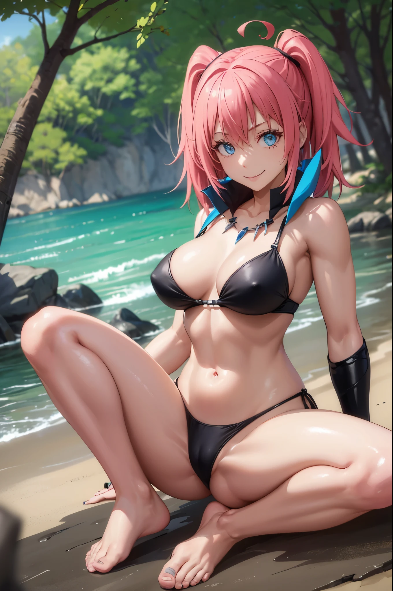 1 female、When you are reborn, I was a slime character（naked girl）、masterpiece、highest quality、Accurate、and soul、child of the devil、Eimei、美しく詳細なblue eyes、(((pink hair)))、both sides、tales proud doubles, (((She is wearing super short panties that only cover her breasts.、True to the original、((barefoot)), muscular belly, ((Beautiful muscular legs)),  (smile), On the beach under the scorching sun, bare chest, hands behind head（（（detailed eyes、blue eyes）））Mirim、Sitting