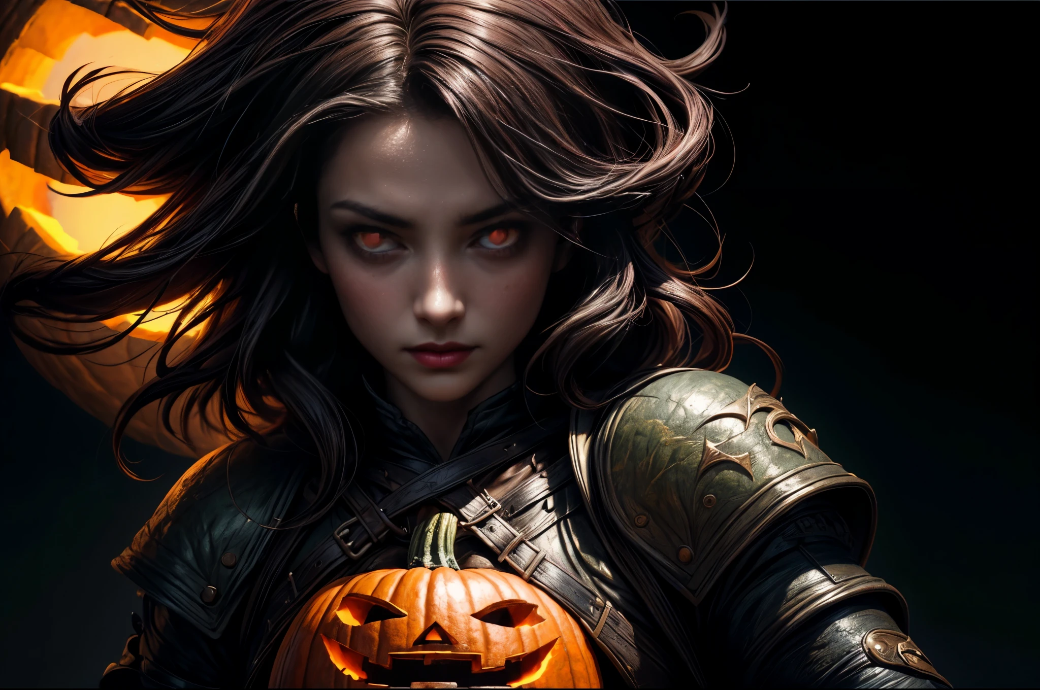Pumpkin carved art of female vampire carved from pumpkin, glowing red eyes, reflection light, high details, best quality, 16k, [ultra detailed], masterpiece, best quality, (extremely detailed), close up, ultra wide shot, photorealistic, RAW, fantasy art, dnd art, fantasy art, realistic art,((best quality)), ((masterpiece)), (detailed), perfect face