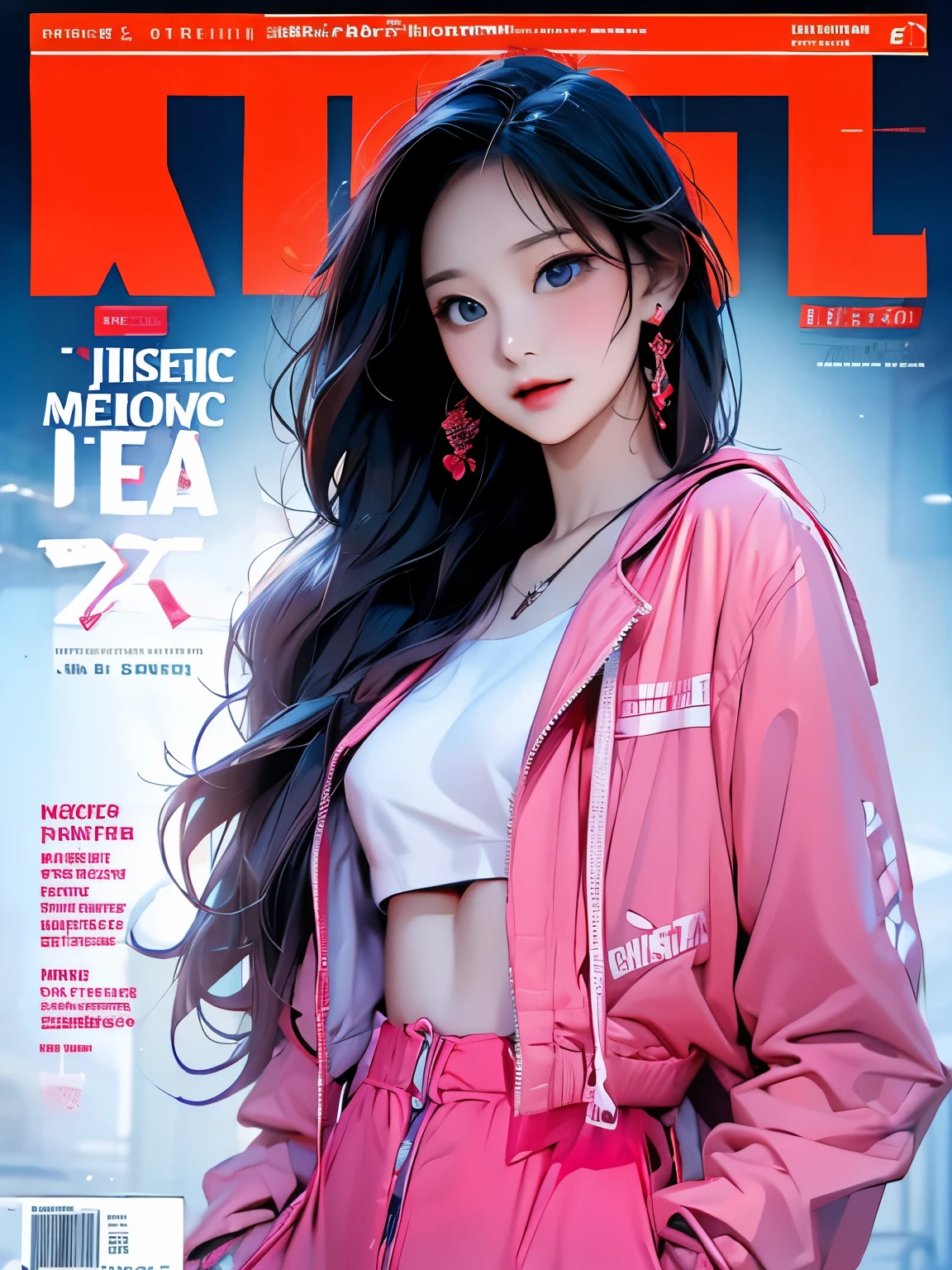 { masterpiece } { NSFW :Hentai} { Background : magazine cover : high quality } { chatacter : Jihan : fit body : small breast : smooth hair : modelling outfit : dynamic pose }
