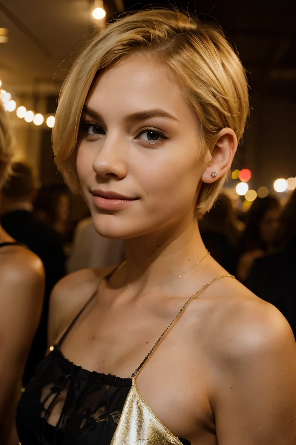 self confident young woman with short blond hair at party