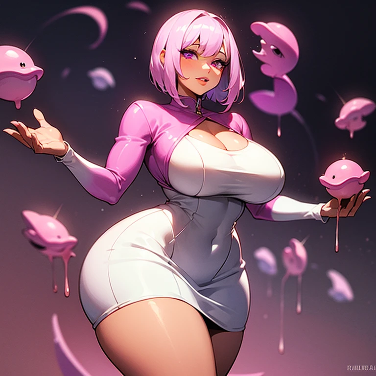 (((I want a woman alone, fair skin, pink slime hair, purple eyes, curvy body, thick lips, wearing a short white bodycon dress)))