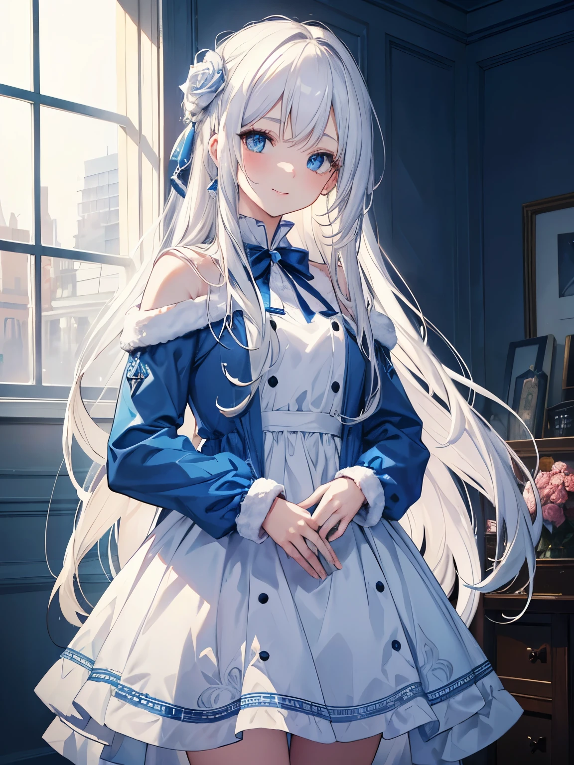 debris flies, highest quality, (perfect face:1.1), (high detail:1.1), (highly detailed eyes), that'dramatic, Ultra-fine illustration, very detailed, 1 girl, (white skin), long white hair, Mystical eyes, blue eyes,we say, (thin eyebrows,alone,shy smile, Happy, laugh together, enjoy, plump lips,cinematic lighting, looking for audience,cowboy shot,long sleeve,blue princess dress, indoor,winter background