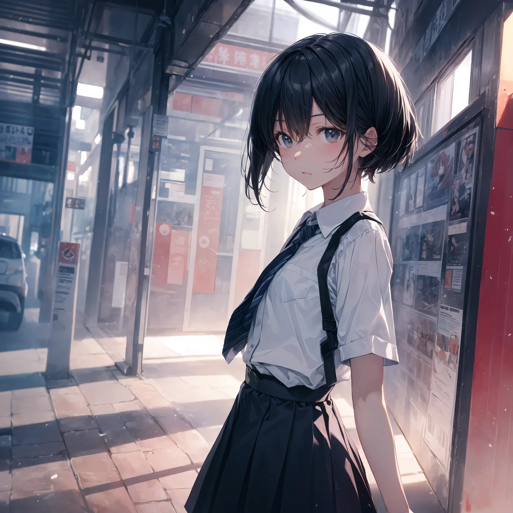 Super high quality by the art god, super detailed, High resolution, Shinkai Makoto style, anime moe art style, best anime 8K konachan wallpaper, pixiv contest winner, perfect anatomy, break,(眠そうにalone学校へ行く女の子を描いてください. ),break, surreal high school girl, (alone,change, Tomboy,13 years old:1.3),All limbs, full finger,Middle school students, androgynous charm, (very, very short hair), boyish hair, messy hair, flat and soft chest, small ass, between legs, small eyes,beautiful detailed black eyes, Well-proportioned iris and pupils, disgusted eyes, High resolutionの詳細な髪, school uniform, (skirt), On the way to school. break,super dense skin, Best lighting by famous artists, 8K, figure,
