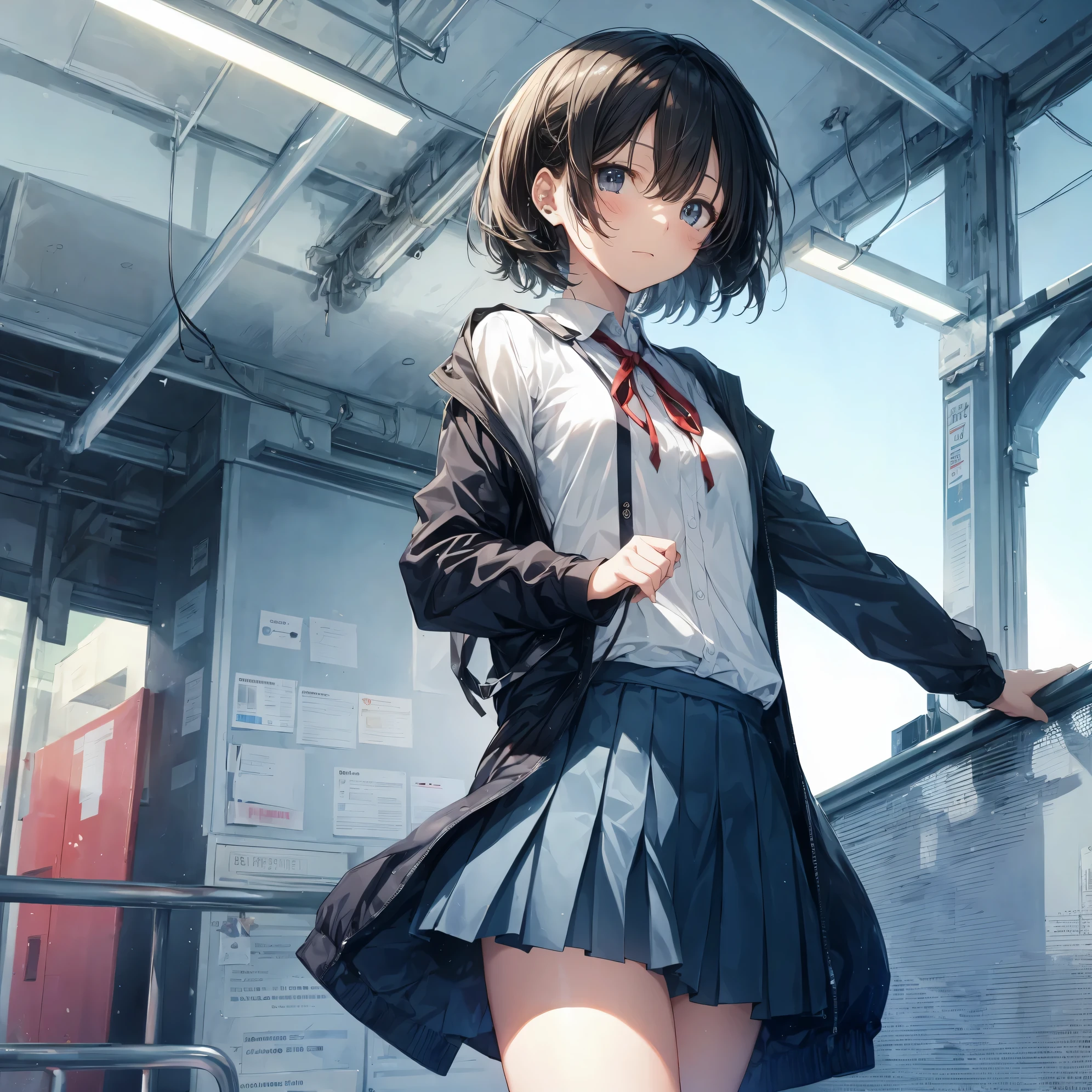 Super high quality by the art god, super detailed, High resolution, Shinkai Makoto style, anime moe art style, best anime 8K konachan wallpaper, pixiv contest winner, perfect anatomy, break,(眠そうにalone学校へ行く女の子を描いてください. ),break, surreal high school girl, (alone,change, Tomboy,13 years old:1.3),All limbs, full finger,Middle school students, androgynous charm, (very, very short hair), boyish hair, messy hair, flat and soft chest, small ass, between legs, small eyes,beautiful detailed black eyes, Well-proportioned iris and pupils, disgusted eyes, High resolutionの詳細な髪, school uniform, (skirt), On the way to school. break,super dense skin, Best lighting by famous artists, 8K, figure,