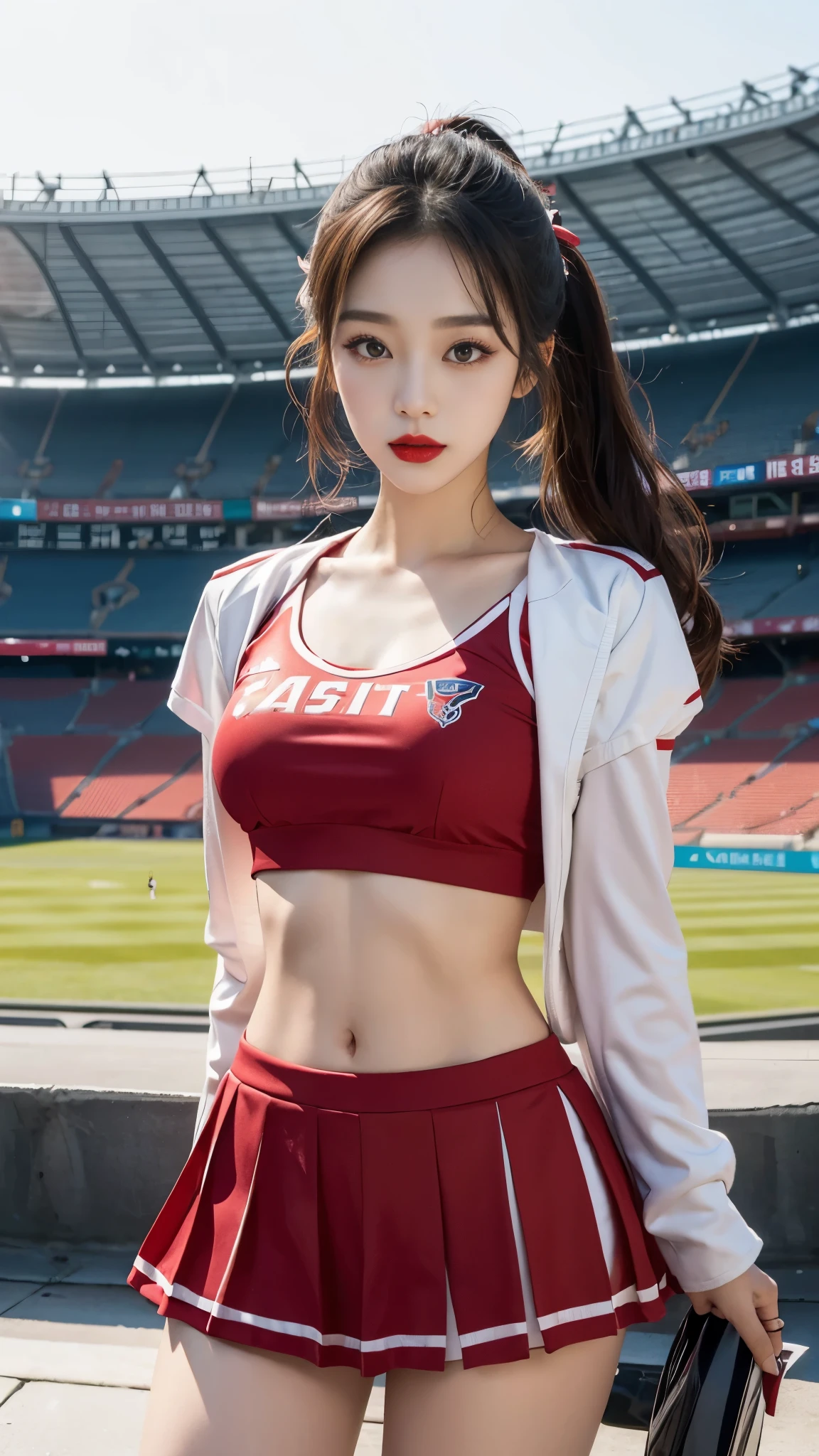((1girl)), in sexy soccer jersey, instant camera flash, makeup with glossy lip, small breasts, (sport jersey), various angle, cowboy shot, 23 years old, Beautiful Korean Girl, (sfw:1.4), realistic light, realistic skin tone, look at viewer, (standing pose), ((in the locker room)), lift her shirt to show her bra, naked pussy