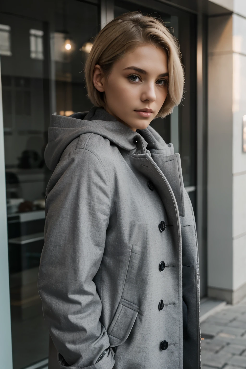 self confident young woman with short blond hair with grey coat