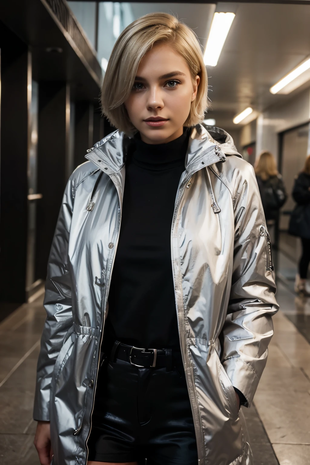 self confident young woman with short blond hair with silver coat