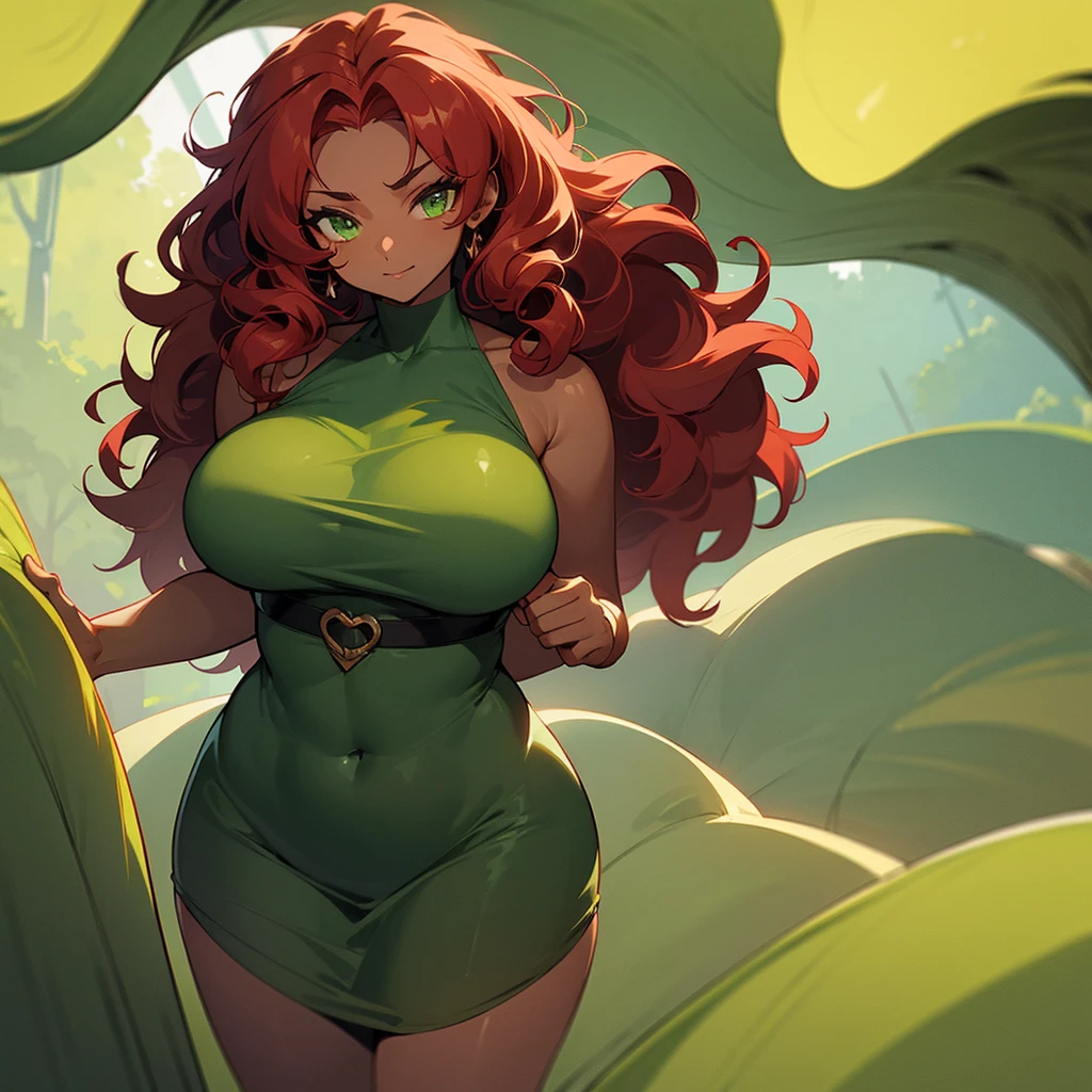 (((Dark Skin Woman))),(((Wearing a moss green dress))),(((Red wavy hair))),(((Lime green eyes))),(((Curvy body))),(((Alone)))