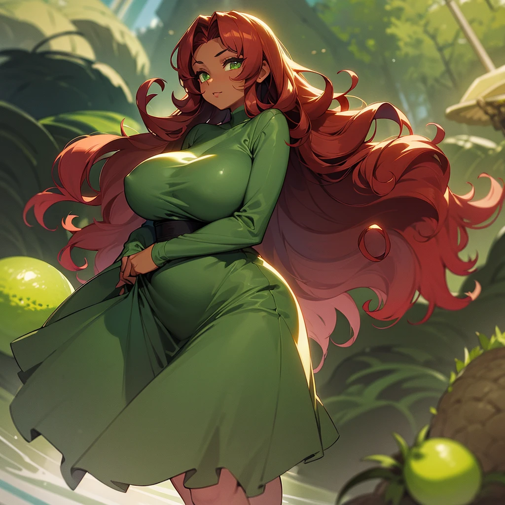 (((Dark Skin Woman))),(((Wearing a moss green dress))),(((Red wavy hair))),(((Lime green eyes))),(((Curvy body))),(((Alone)))