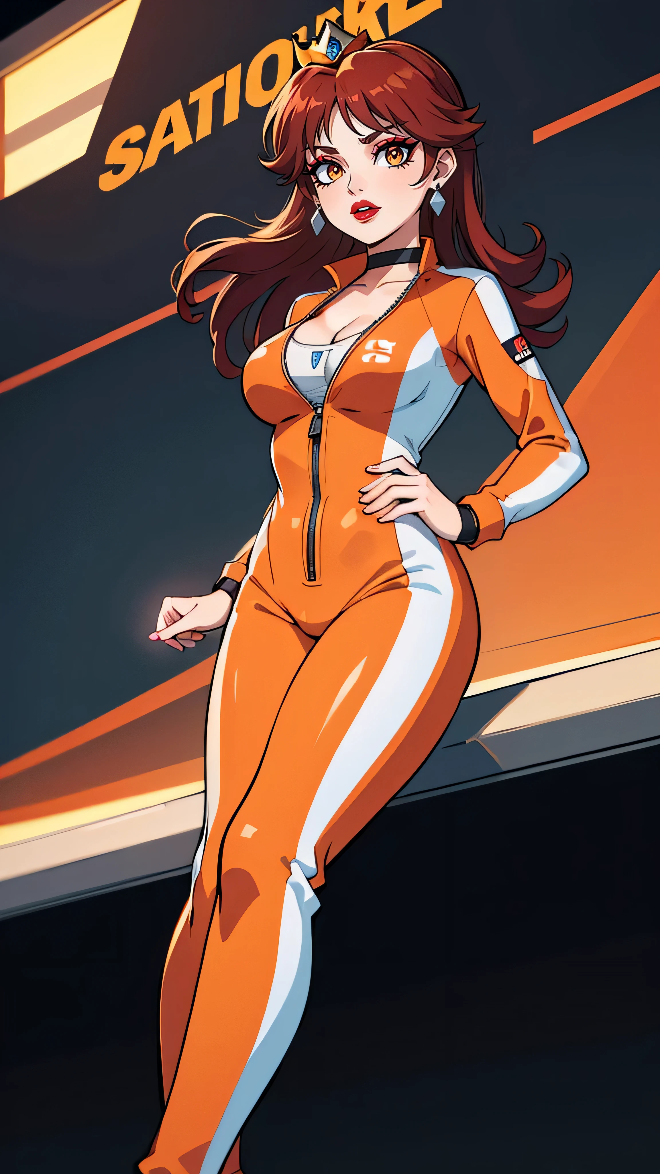 ((high detailed, best quality, 4k, masterpiece, hd:1.3)), (Mario_Kart_speedway), Princess Daisy posing, Daisy_SM, (BREAK neon blue eyes), (neon blue eyes), seductive, attractive, sexy smile, smiling, smooth anime cg art, 36C breasts, long legs, vivid colors, detailed digital art, slim body, perfect skin, dark red hair, long red hair, dark hair, red hair, BREAK crown, cleavage, 36C cleavage, looking at viewer, BREAK looking at viewer, extremely detailed face, (orange and white jumpsuit), (Jumpsuit:1.5), (orange and white racing suit), (racing suit:1.5), (high heels), full body, earrings, gem, dark black makeup lips, dark gothic eyeshadows, dark eyeshadows, black eyeshadows, black sexy lips, red lips, dark red lips, very dark red lips, detailed lips, detailed red lips, red painted lips, gothic painted lips, (thin_lips), (very thin lips), dark gothic eyeshadows, dark eyeshadows, black eyeshadows, (perfect hands, perfect anatomy), black makeup, detailed fingers, five fingers per hand, 5 fingers, (1 girl), detailed lips, BREAK night, (breast focus), (breasts out:1.3), (from below:1.3), (hands on waist:1.3),