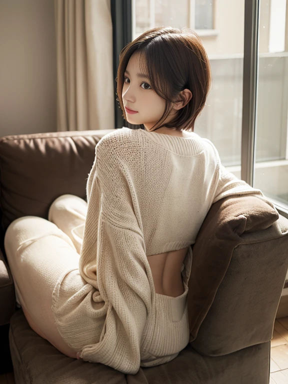 1 female,sitting on a cozy sofa,crossed legs,soft light,short hair,T-back