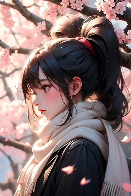 1 girl, bird, black eye, black hair, blurry, blurry background, cherry blossoms, lips, long-tailed titmouse, look up, medium hair, profile, scarf, alone, titmouse (bird) , ((masterpiece))