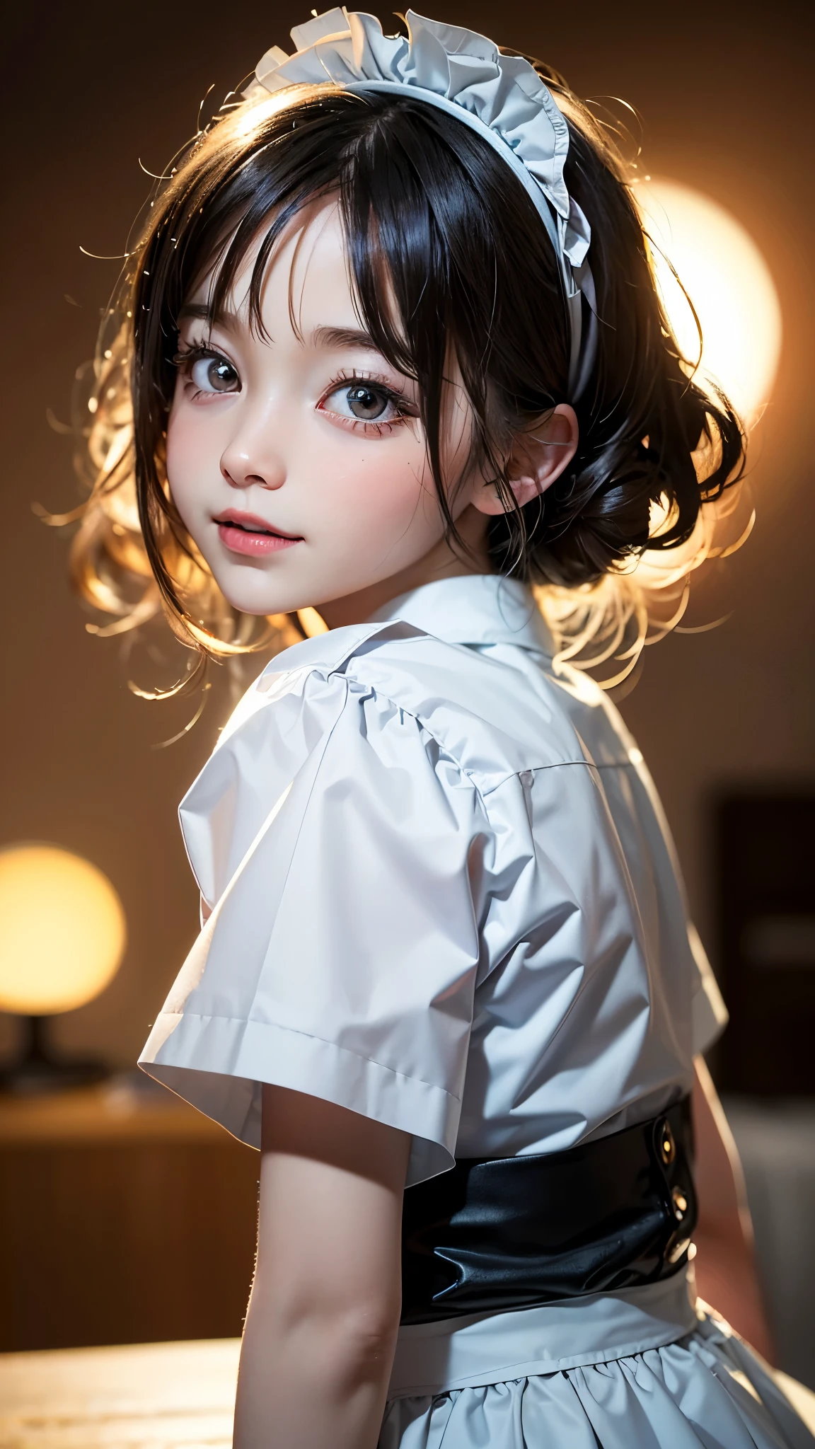 (UHD, retina, masterpiece, accurate, anatomically_correct, textured_skin, super_detail, high_details, high_quality, best_quality, high_res, 1080P, HD, 4K, 8k, 16k), (beautiful_detailed_eyes, beautiful_detailed_lips, extremely_detailed_eyes_and_face), soft_lighting, physically-based_rendering, vivid_colors, (shiny_hair, shiny_skin, tanned_skin), eye_reflection, (bangs:1.5), (splash_curl:1.2), (bokeh), semi-profile_view, (chibi_maid, toddler_girl, full_body:1.2), smile,