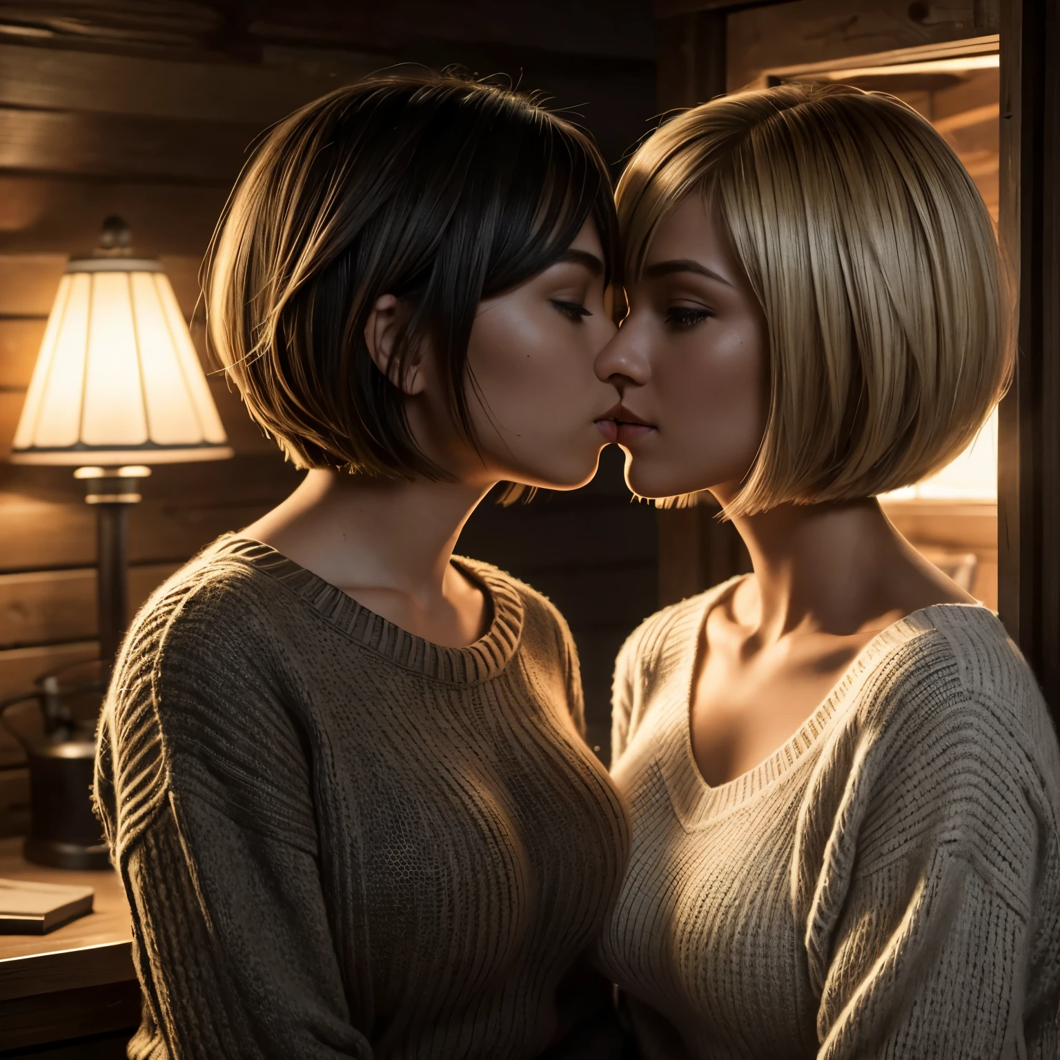 Two girls in a cabin in the woods, dressed in knitted sweaters, (kissing:1.3), (Isabel Merced, blond, bob_cut hair),(Isabel Merced, black hair, bob_cut hair), (skin texture:1.1), (high detail face:1.1), full bodyshot, high detail body, high detail clothes, smiling seductively, (big breasts:1.3),(masterpiece), (realistic), ultra high definition, 4k, ultra high resolution, film grain, cinematic lighting, rim lighting, photo by Arny Freytag, RAW image