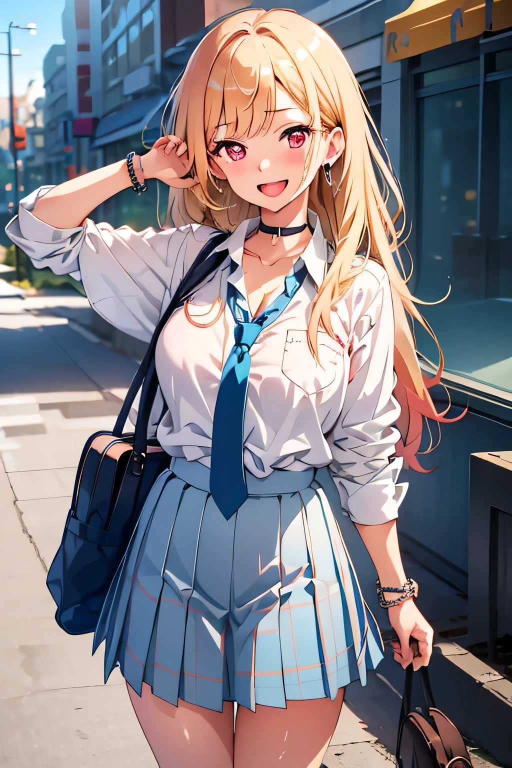 (((masterpiece))), full hd, MarinKitagawa, 1girl, long hair, looking at viewer, blush, smile, open mouth, skirt, blonde hair, large breasts, shirt, red eyes, 1boy, holding, cleavage, jewelry, school uniform, white shirt, :d, pleated skirt, earrings, outdoors, necktie, teeth, solo focus, choker, collared shirt, bag, blurry, bracelet, blue skirt, plaid, blurry background, black choker, plaid skirt, phone, piercing, cellphone, ear piercing, holding phone, school bag, blue necktie, tied shirt, bead bracelet,
