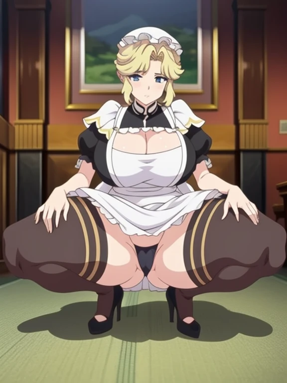 Anime girl kneels on the floor wearing sexy clothes, concept art by Yang J, pixiv, shin hanga, seductive anime girl, full body maid, extremely detailed artistic bacteria, sexy posture, huge breasts, cleavage, ayaka genshin impact, keqing from genshin impact, sexy semi transparent black stockings, black high heels, smooth anime CG art, ethics, beautiful anime girl squatting