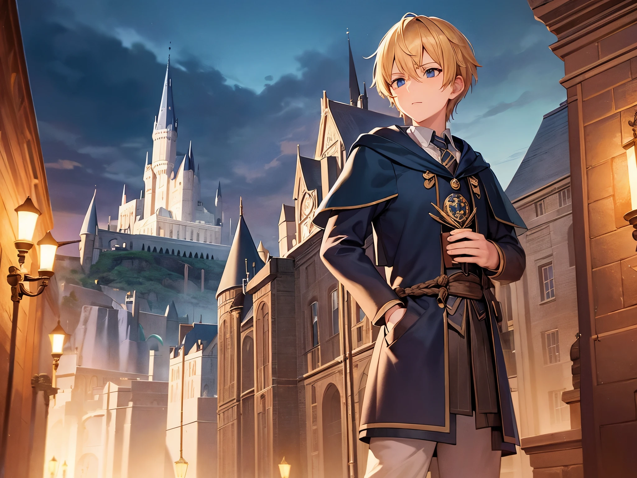 ((masterpiece)), wizard with short blonde hair, in Ravenclaw rope, standing in front of Hogwarts castle, 8k