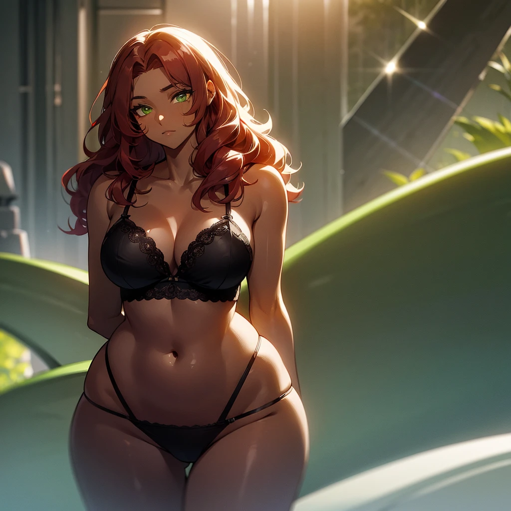(((Dark Skin Woman))),(((Wearing black lingerie))),(((Red wavy hair))),(((Lime green eyes))),(((Curvy body))),(((Alone)))
