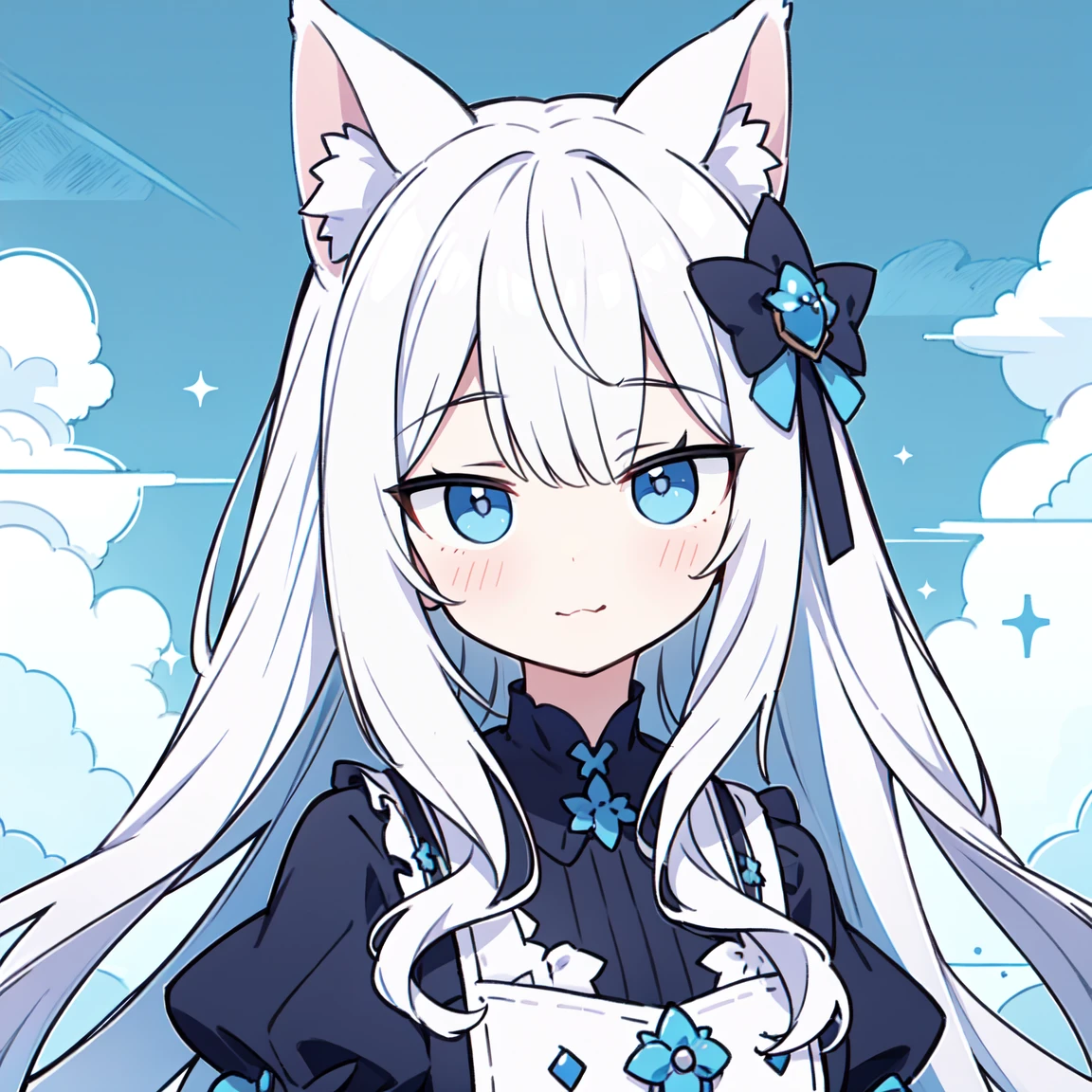 Fundo no fundo branco,Super cute Q version white-haired catgirl,Vestindo um terno de marinheiro azul claro,Agachado e sentado com meias brancas,Vender mais,olhos e pupilas cor de rosa,hiper HD, alto detalhe, alta qualidade, Best quality at best, A high resolution