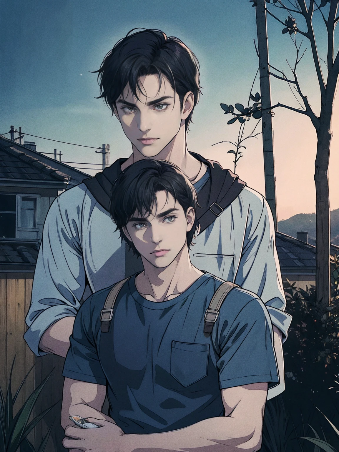 1 man, age 28, strong and with a well-defined body, greeneyes , short black hair back, Seriously, face perfect, bonitas, wearing no shirt, wearing black jeans, standing in a moonlit forest sent.