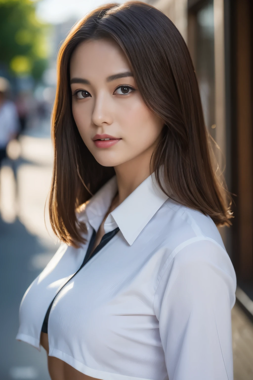 ((Best quality, 8K, Masterpiece :1.3)), Sharp focus :1.2, perfect figure beautiful woman:1.4, Slim abs:1.2, ((dark brown hair, huge tit:1.2)), White collared shirt,Not exposed,(Natural light, the city street:1.1), Highly detailed facial and skin texture,詳細な目,二重まぶた