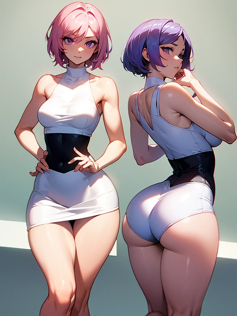 (((I want a woman alone, fair skin, Short Pink Hair, purple eyes, medium breasts,thin waist, thick thighs and beautiful ass, wearing a short white bodycon dress)))