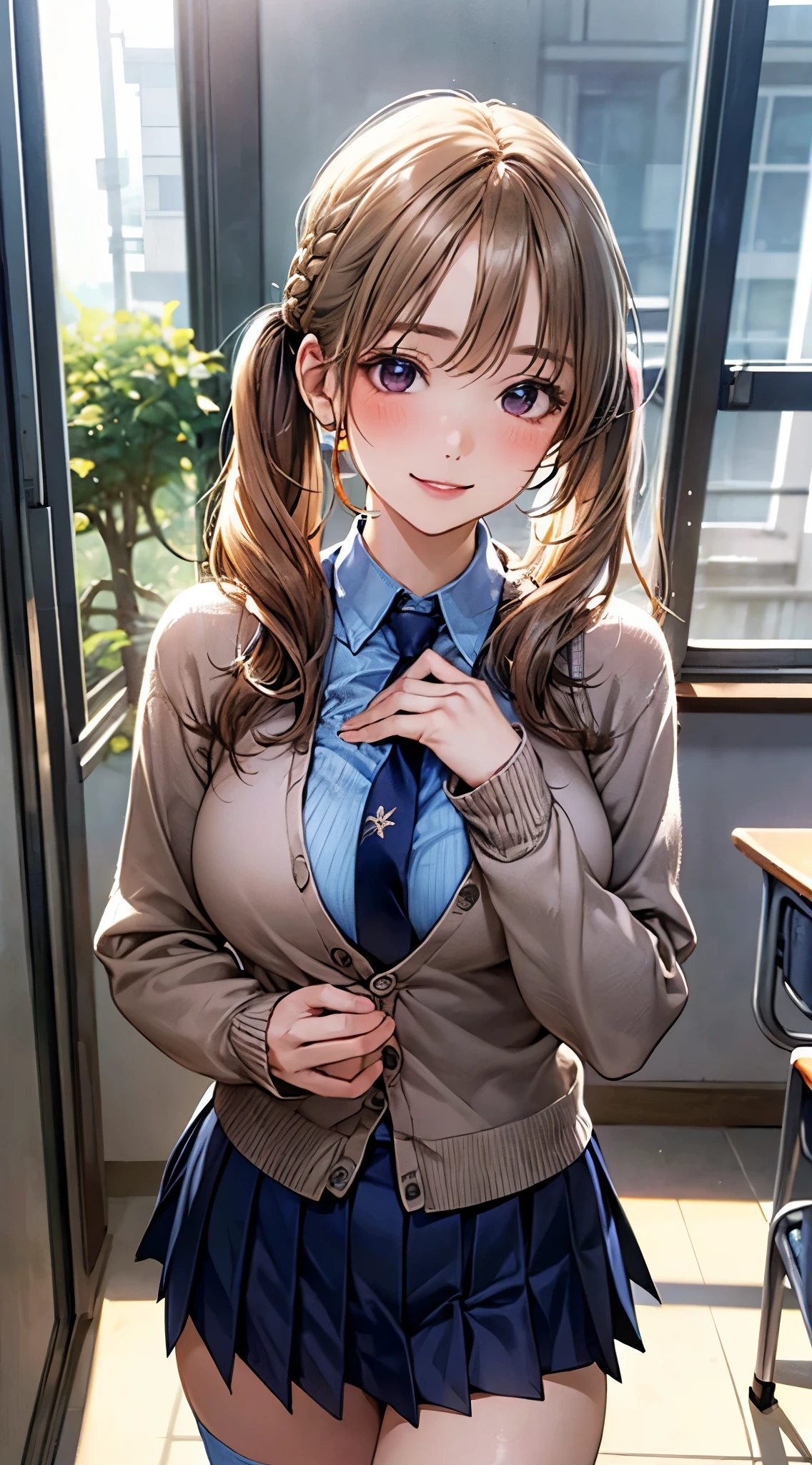 (masterpiece:1.2, top-quality), (realistic, photorealistic:1.4), beautiful illustration, (natural side lighting, movie lighting),
looking at viewer, cowboy shot, front view:0.6, 1 girl, japanese, high school girl, perfect face, cute and symmetrical face, shiny skin,
(long hair:1.8, twintails:1.7, twin braid, blond hair), hairline, asymmetrical bangs, red eyes, long eyelasher, (large breasts:0.9, thick thighs),
beautiful hair, beautiful face, beautiful detailed eyes, beautiful clavicle, beautiful body, beautiful chest, beautiful thigh, beautiful legs, beautiful fingers,
((light blue collared shirts, navy pleated mini skirt, socks, navy tie, light brown cardigan)), pink panties,
(beautiful scenery), evening, school, classroom, curtains, walking, hands on chest, (lovely smile, upper eyes),