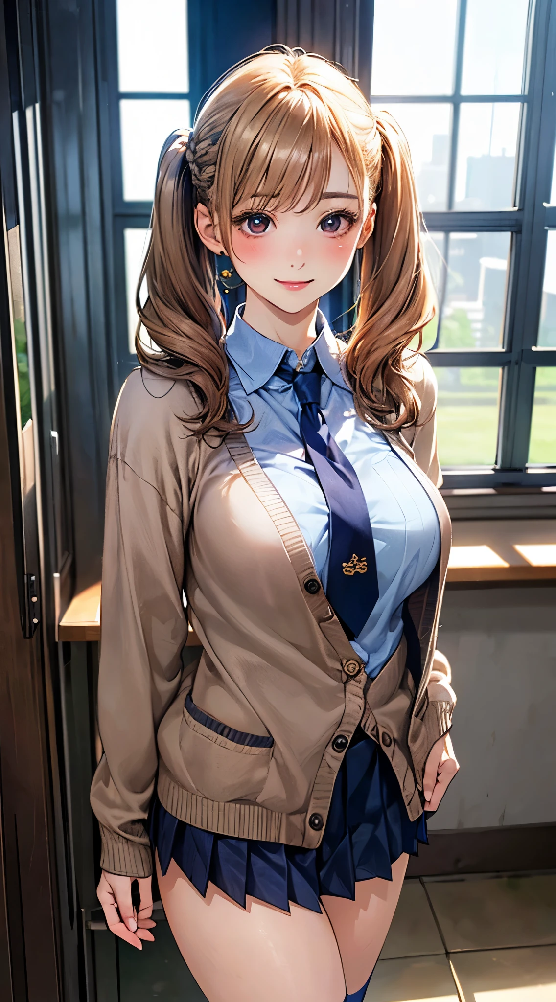 (masterpiece:1.2, highest quality), (Realistic, photoRealistic:1.4), Beautiful illustrations, (Natural Side Lighting, Cinema Lighting), Browsing Caution,
View your viewers, Cowboy Shot, Front view:0.6, 1 girl, Japanese, high School girl, Perfect Face, Cute and symmetrical face, Shiny skin,
(Long Hair:1.8, Straight hair:1.7, Blonde), Asymmetrical bangs, Purple eyes, (big breasts:1.1, Thick thighs),
Beautiful Hair, Beautiful Face, Beautiful fine details, Beautiful clavicle, Beautiful body, Beautiful breasts, Beautiful thighs, Beautiful feet, Beautiful fingers,
((Light blue collared shirt, Navy Pleated Mini Skirt, socks, Navy them, Light brown cardigan)), Pink Panties,
(Beautiful views), evening, School, classroom, curtain, walking, Place your hand on your chest, (Cute smile, Upward glance),