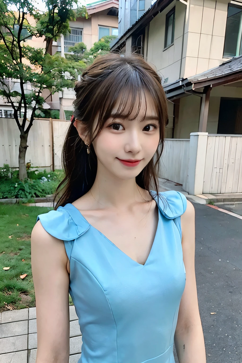 (​masterpiece:1.3), (8K, Photorealsitic, Raw photography, Top image quality: 1.4), Japan high school girls、(Random hairstyles:1.2)、(small tits)、Super Detail Face、Eye of Detail、二重まぶた、foco nítido:1.2、prety woman:1.4、light brown hair、Yokai Maki、top-quality、​masterpiece、超A high resolution、(Photorealsitic:1.4)、slender、A smile、(eye line:0.8)、(Looking at the camera)、((natta:1.3))、 (aqua dress:1.4)、(outside of house、natta:1.1)、walking on street