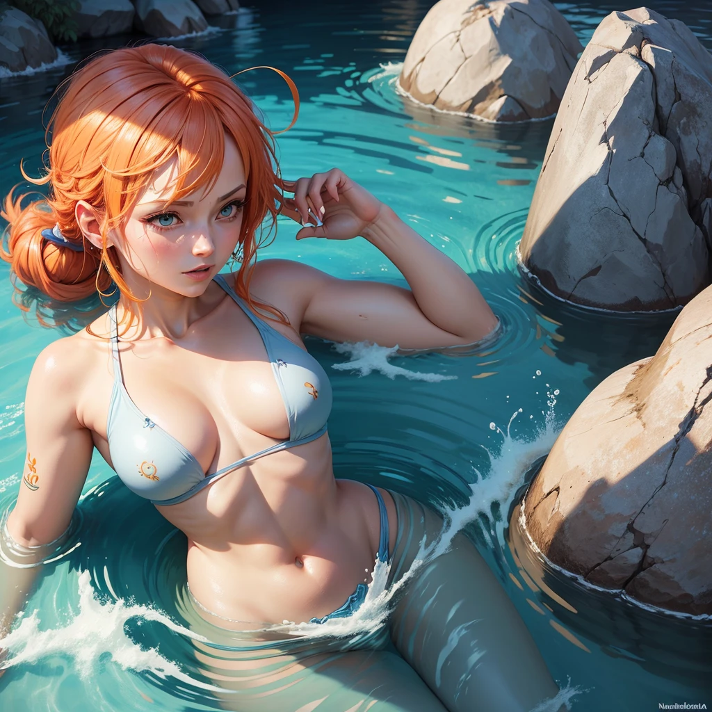 ((Quality: masterpiece, best quality, UHD, anatomically correct, photo realism, textured and detailed skin, skin pores, skin imperfections, textured and detailed hair, volumetric lighting)), whimsical and creative artist woman with a palette of vibrant colors, underwater mermaid, red hair, naked, nude, erotic