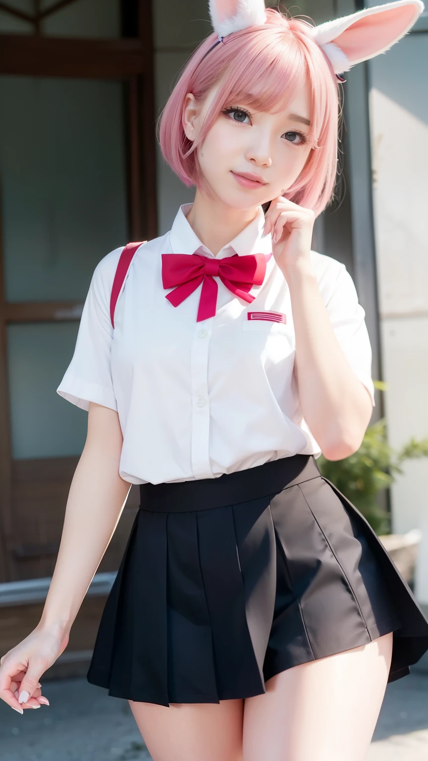 japanese school uniform、japanese sailor suit、制服skirt、skirt、white dress shirt、Panty shot、Japanese group idol、AKB48、skirtから見えるパンツ、open your legs、spread your legs、snow scene、winter scenery、Pink short cut hair、pink hair color、Pink rabbit ears stick out of the head、the woman is japanese、K-pop、cute face、Small underwear、muste piece、Transparent white skin、pink hair、Beautiful rabbit woman、Healthy five-fingered not ragged、Number of normal fingers、small breasts、short cut bob、不快感のないAnatomically correct number of fingers、beautiful nose、beautiful eyes、Rear view、Raise your ass and street、Pink short cut hair、(8K, highest quality, masterpiece:1.2), (real, photorealistic:1.37)、cute、Report、(A sloppy smile:1.15)、(smile)、small breasts、(short hair:1.2)、master piece、ピンクのshort cut bob、realなウサギの耳、ピンクのrealなウサギの耳、頭から突き出ているウサギのrealな耳、pink hair、A beautiful girl with a bewitching atmosphere、beautiful shaped hands、K-pop、Pink rabbit ears、1 girl、Report、masterpiece、highest quality、real、hyper detail、disorganized、短いpink hair、Slender beauties、dynamic lighting、High resolution、sharp focus、Depth of bounds written、(thick thighs:1.0)、slender :1.2,((short cut bobの髪))、((K-pop:1.3)),Highly detailed face and skin texture、((troublesome)),Anatomically correct number of fingers,correct anatomy