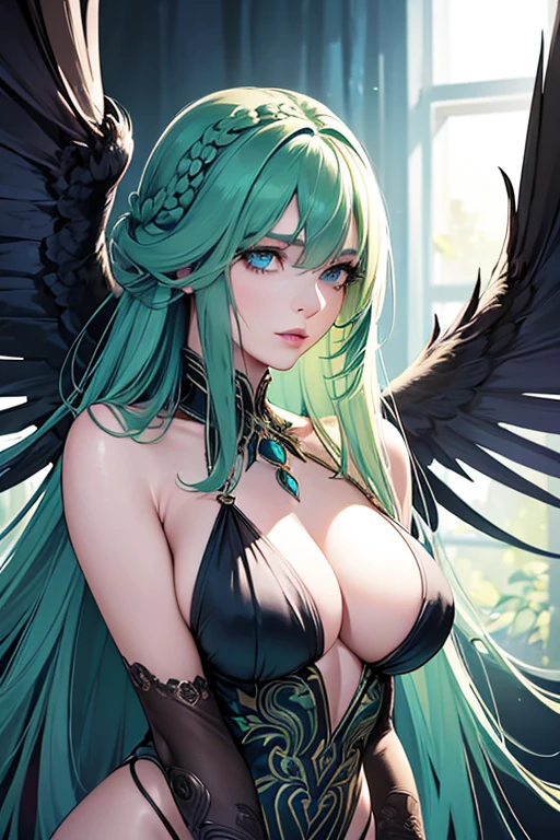 "(best quality,ultra-detailed,realistic:1.37),portrait,detailed bird-like wings,detailed bird-like legs,long green hair,beautiful blue eyes,detailed lips,mysterious atmosphere,sexy half-raven figure,dark clothing,arms with wings, harpia, naked, braid a hair"