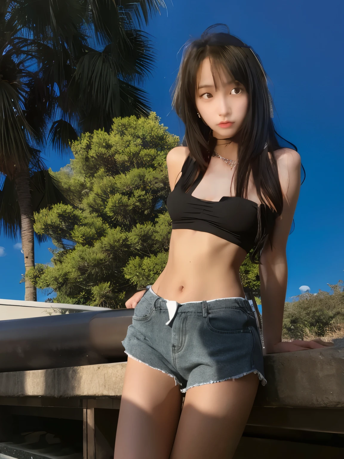 slender body、Japanese model body type、Long black hair、Black tube top、Sheer thin shirt、shorts、small bust