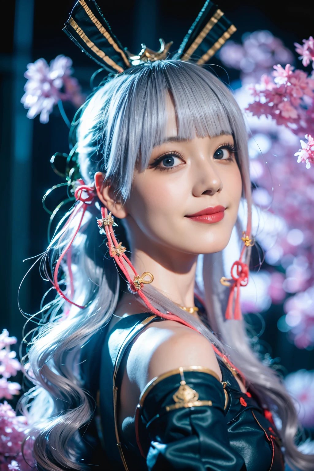 1girl,herry blossoms,1girl,tree,solo,aurora,fireworks,long_hair,fireflies,light_particles,pine_tree,snowflake_background,milky_way,aerial_fireworks,headdress,arms before body,blue_eyes,smile,face focus,photorealistic:1.4 Details face detail eyes, shiny skin