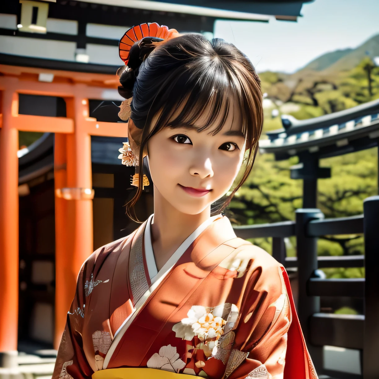 One Beautiful Girl, 非常にbeautiful detailsな顔, smile shyly, (slender body:1.2), (Japanese kimono with colorful patterns:1.3), dark brown hair, bun hair, (detailed face:1.2), conceptual art, high quality, realistic, very detailed CG 統合 8k 壁紙, very detailed, High resolution RAW color photos, professional photography, realistic portrait, cinematic light, beautiful details, Super detailed, advanced details, written boundary depth, illumination, ((red torii gate in kyoto:1.2))