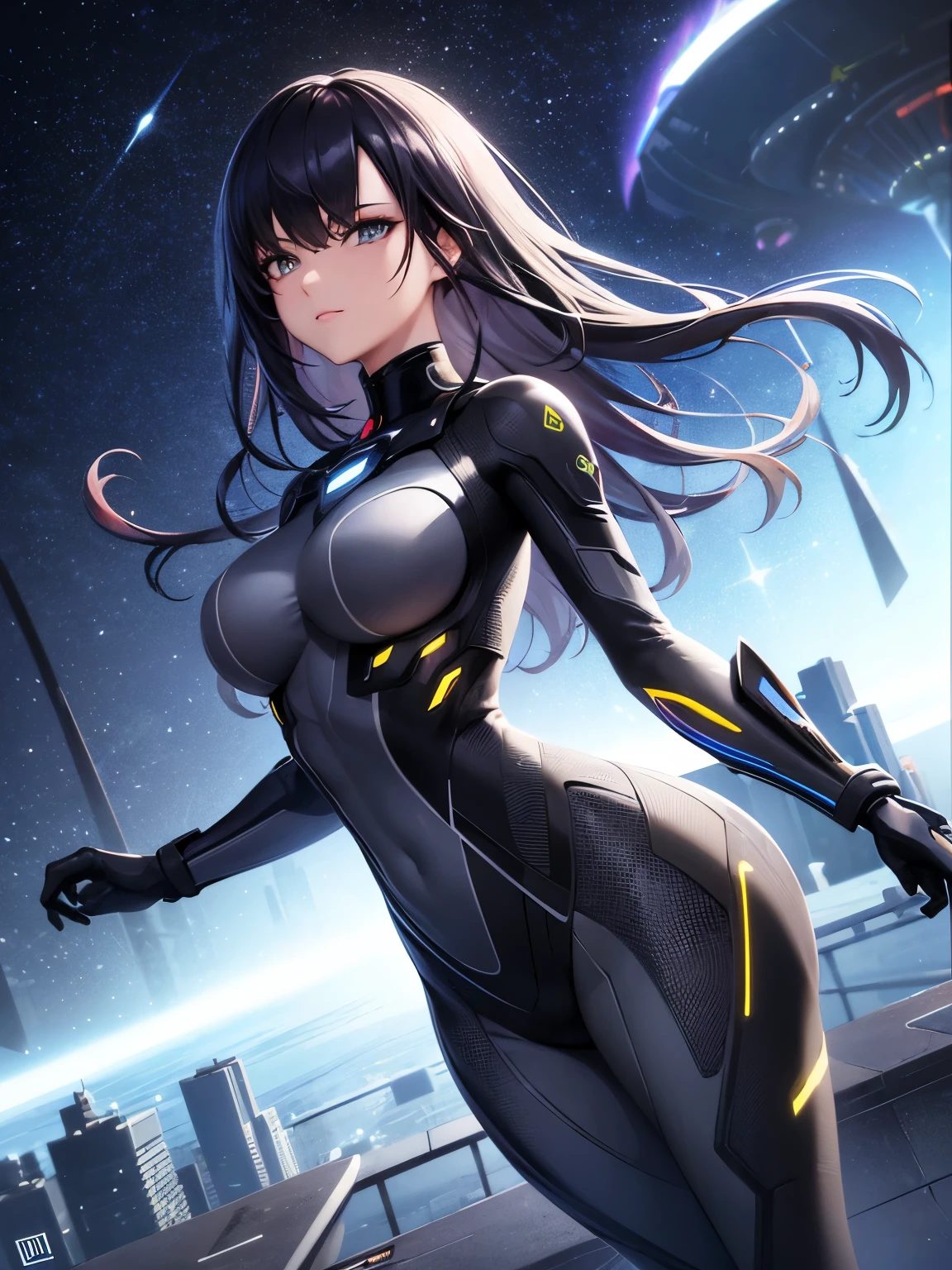 Realistic, spatial, futuristic, colorful outer space, High detail, super detail, super high resolutio, Masterpiece, best quality, 4k, sky, cyber, depth of field, grunge, medium lenght dark hair, women, lens flare, RTX, slender legs, gorgeous cinematic lighting, cinematic, ray traycing, cinematic shot, model pose
