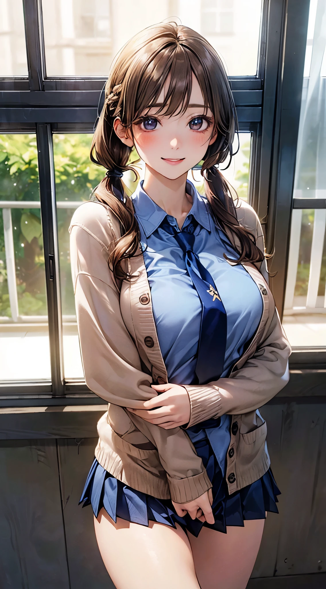 (masterpiece:1.2, top-quality), (realistic, photorealistic:1.4), beautiful illustration, (natural side lighting, movie lighting),
looking at viewer, cowboy shot, front view:0.6, 1 girl, japanese, high school girl, perfect face, cute and symmetrical face, shiny skin,
(long hair:1.8, twintails:1.4, twin braid:1.6, blond hair), hairline, asymmetrical bangs, red eyes, long eyelasher, (large breasts:0.9, thick thighs),
beautiful hair, beautiful face, beautiful detailed eyes, beautiful clavicle, beautiful body, beautiful chest, beautiful thigh, beautiful legs, beautiful fingers,
((light blue collared shirts, navy pleated mini skirt, socks, navy tie, light brown cardigan)), pink panties,
(beautiful scenery), evening, school, classroom, curtains, walking, hands on chest, (lovely smile, upper eyes),