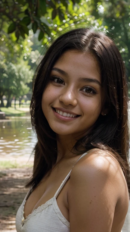 girl 16 yean woman, complexion robusta, piel morena oscuro, hair straightened, natural light of a cloudy morning, sonrisa timida, poses in a park with trees and a beautiful lake in the background, falda escolar, topples
