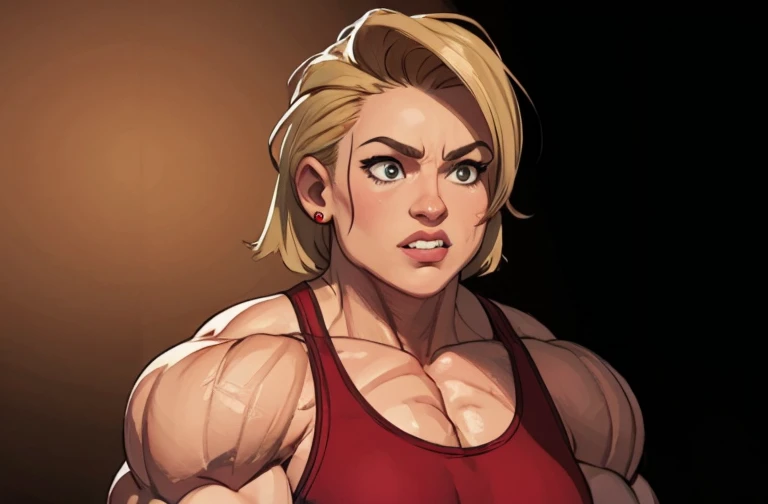 muscle woman with blonde hair wearing red tank top flexing massive muscles, muscle woman, huge muscles, muscle girl, biceps, pecs