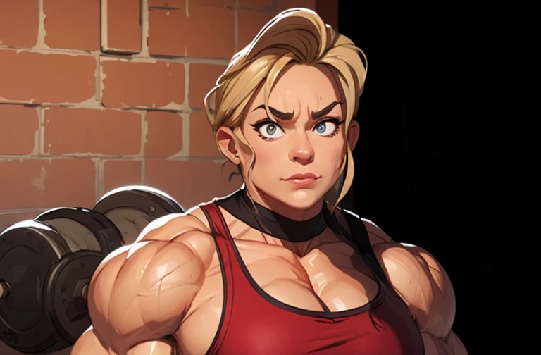 muscle woman with blonde hair wearing red tank top flexing massive muscles, muscle woman, huge muscles, muscle girl, biceps, pecs