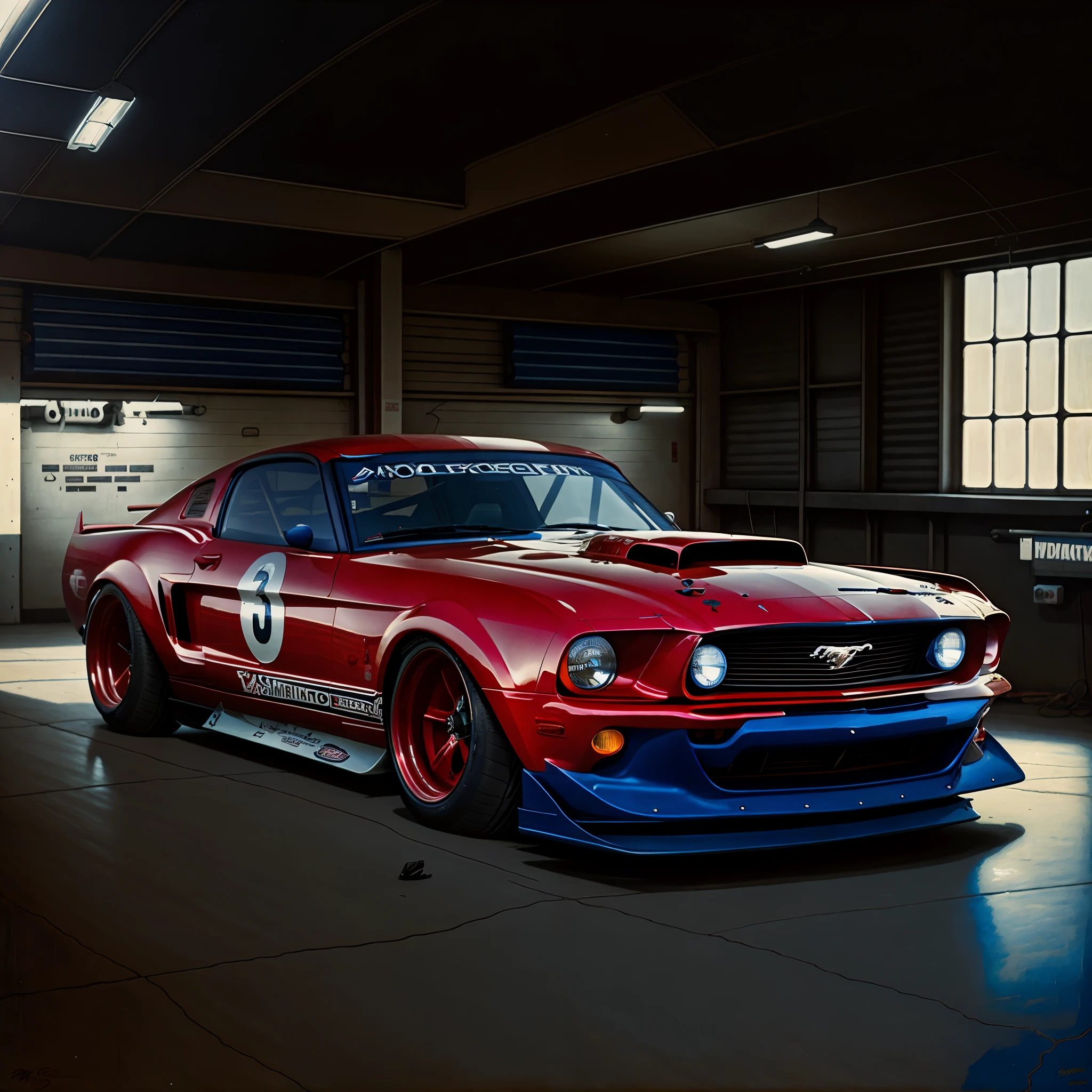 Photo RAW, 500R, m closeup of a car in a garage with a red and blue stripe, mustang, muscle cars, kodakchrome:: 8 k, "hyper realistic, inspired by James Gurney, nostalgic 8k, race car, race car, automotive photography, hyper realistic", hyper realistic", restomod, with elegant lines and a powerful, james gurney style, 32K.