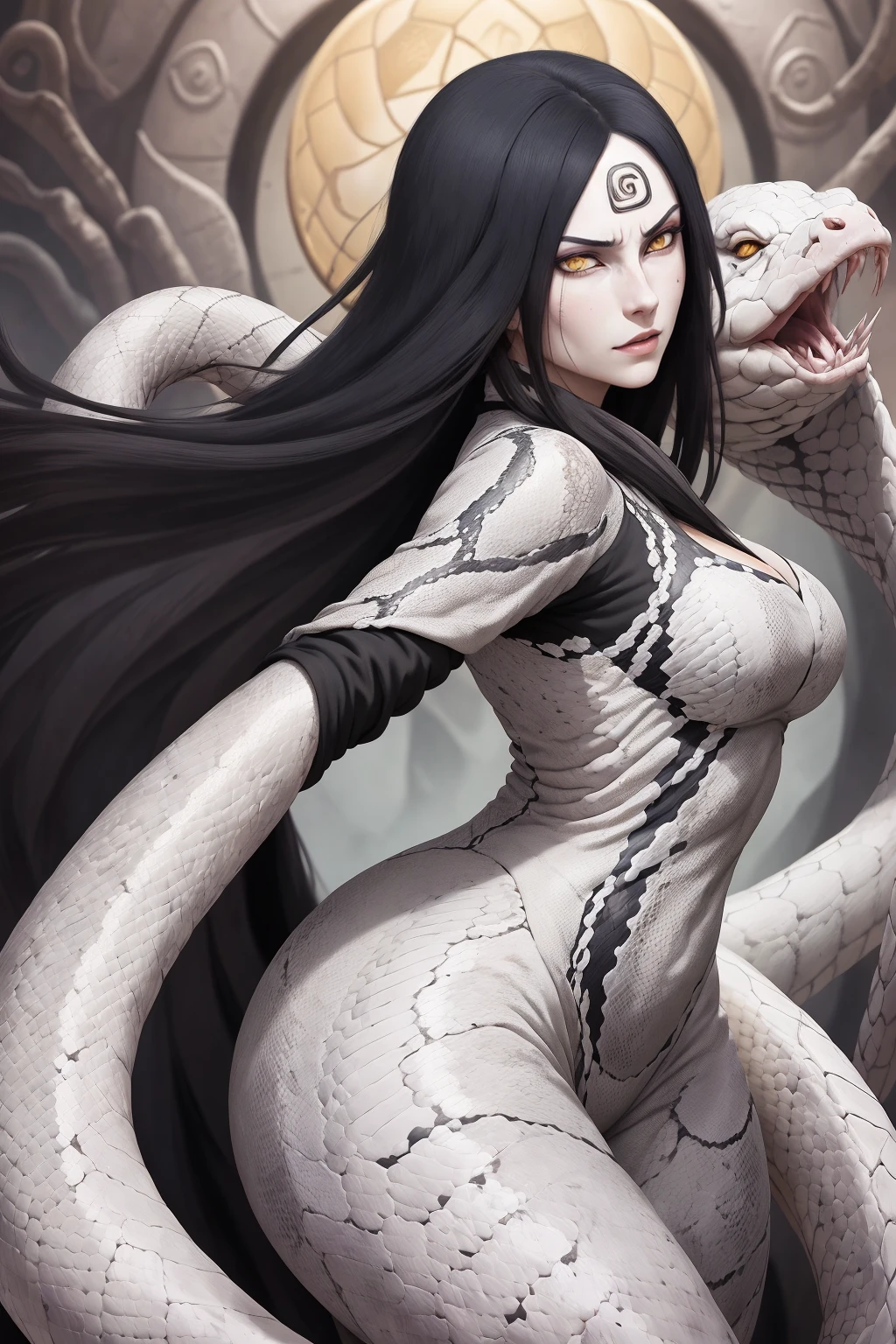 {-erro_de_anatomia:1.0} estilo anime, Masterpiece, absurdities, Orochimaru\(Naruto\), 1girl Solo, Mature woman, Oversized shirt with broad shoulders, Perfect composition, Detailed lips, large breasts, Beautiful face, body proportion, Blush, Long black hair, yellow eyes, Soft gauze, Super realistic, Detailed, photo shoot, Realistic faces and bodies, masterpiece, best quality, best ( white snake) illustration, hyper detailed, 1 girl, solo, glamorous, blushing, whole body, on his back, backwards, looking back with a giant white snake wrapped around his arm