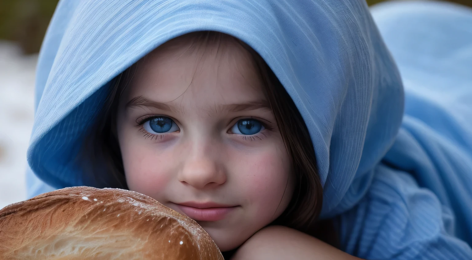 em frente a uma luz azul, beautiful girl RUSSIAN CHILD STRAIGHT HAIR , olhos brilhantes, olhos perfeitos, 10 anos. menina loira cabelo longo com roupa escura, a close-up of a bag of bread with packaging, Perfect and clear, sharped image, crisp detail, high grain, crisp details, sharp focus