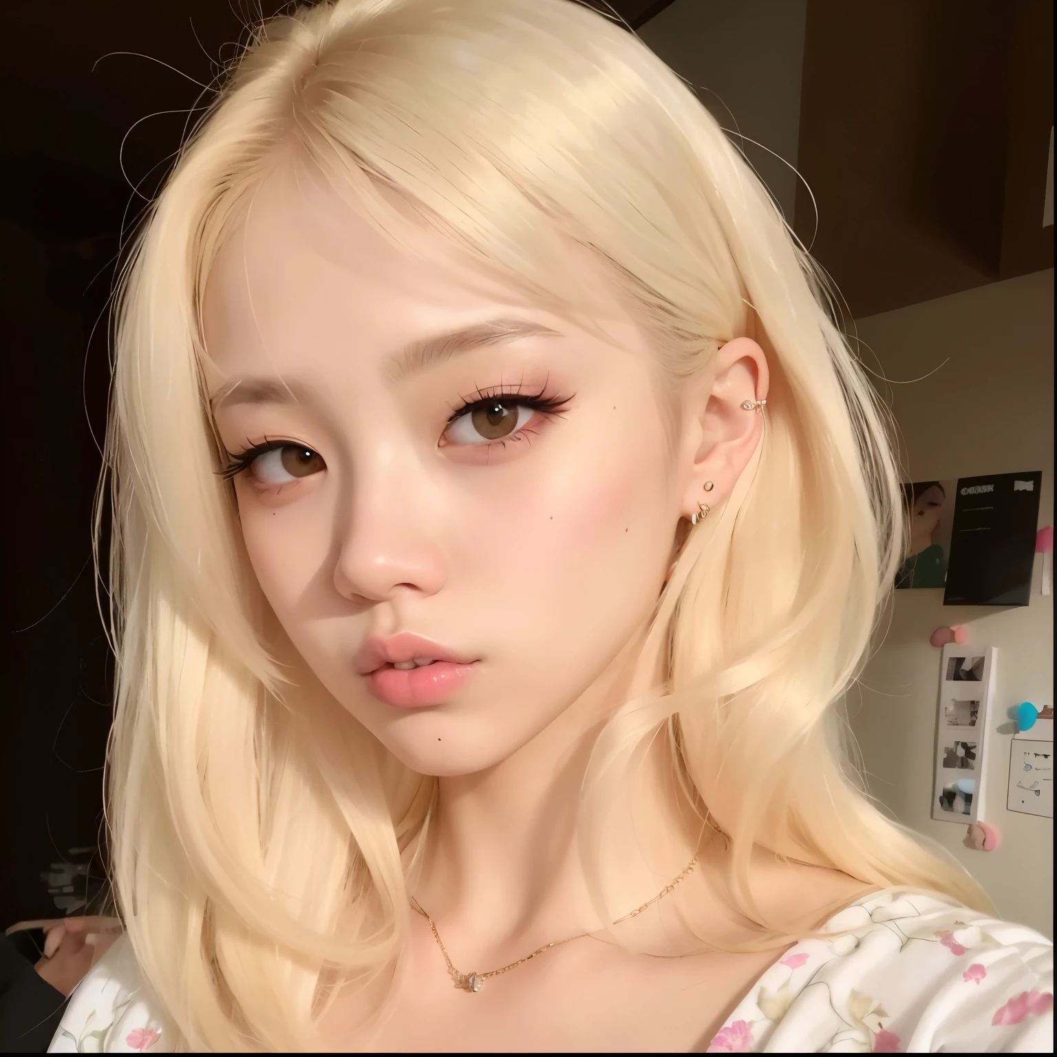 um close up de uma mulher com cabelos loiros e um colar, cabelo loiro muito claro, maquiagem sul-coreana popular jennie, cabelo loiro extremamente claro, pale and glowing skin, cabelo loiro e olhos grandes, maquiagem coreana popular, pale round face, Retrato de Jossi do Blackpink, beautiful pale makeup, pale porcelain white skin, pale milky white porcelain skin blackpink's jennie kim