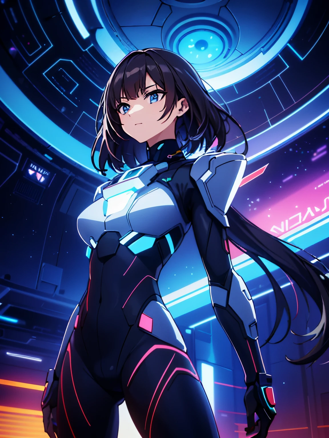 Realistic, spatial, futuristic, colorful outer space, High detail, super detail, super high resolutio, Masterpiece, best quality, 4k, sky, cyber, depth of field, grunge, medium lenght dark hair, women, lens flare, RTX, slender legs, gorgeous cinematic lighting, cinematic, ray traycing, cinematic shot, model pose