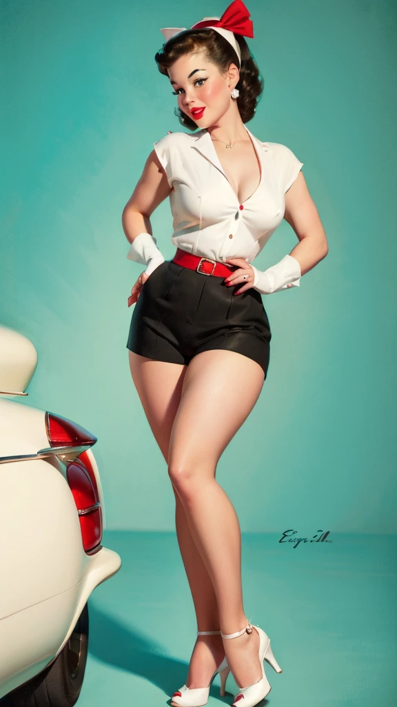 woman with a red bow on her head, 1950s illustration style, very sexy pinup in short shorts and white top, white stiletto heel sandals, beautiful retro art, Pinup Art, Pin, Pin - up, Pin-up, Pin - Up Girl, Comic Pinup style, retro pinup model, in digital illustration style, exuberant young woman, Pinup, Vintage, Pinup