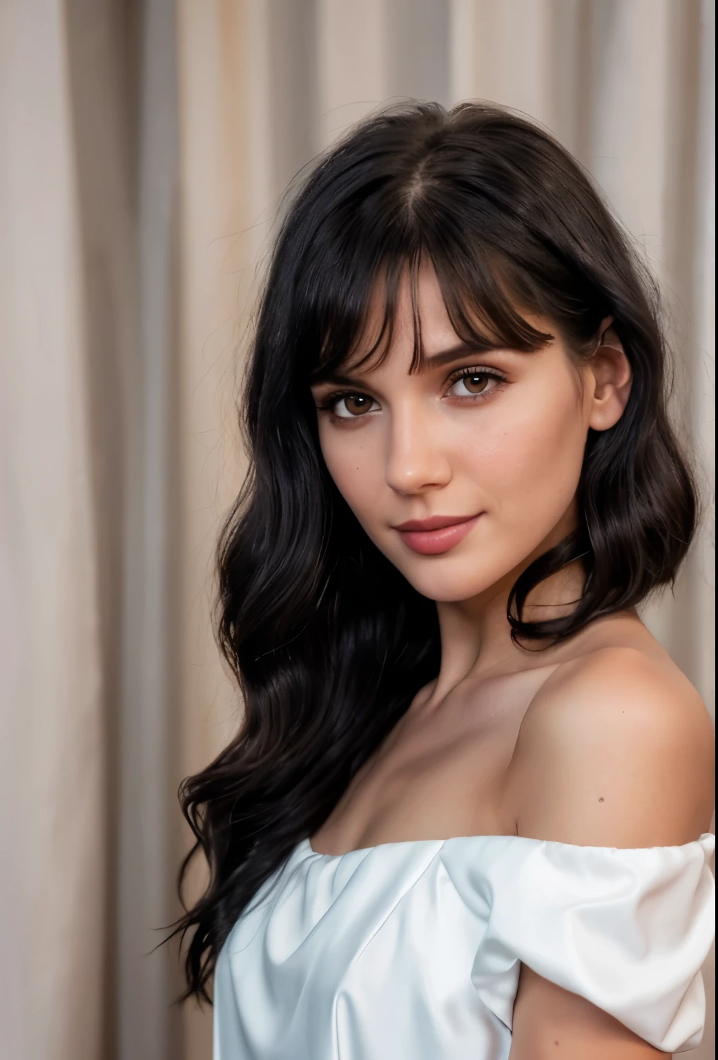 Full body shot, RAW photo, ((glistening skin)), 1girl, 25 year old girl, ((wavy black hair)), [brown eyes], long hair, eyeliner, 
((masterpiece, best quality, hyper detailed, Cinematic light, intricate details, highres, 8k, extremely detailed)), studio background, 8k uhd, dslr, soft lighting, high quality, natural light, 
(perfect hands), perfect face. Young woman wearing prom dress. Looking at viewer. Asymmetrical side-swoop bangs. 
Glamorous Makeup. False eyelashes. Lip gloss. Heart warming smirk, amusing twinkle in the eyes.
 closed mouth. 