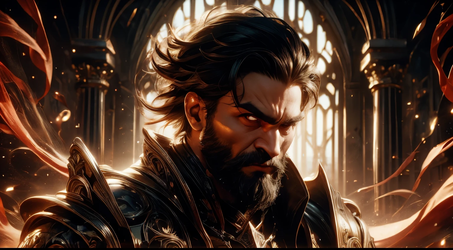 ((best quality)), (high detail), (original art), 91man), (close up), rugged face, 44 year old man with very short black hair and full thick beard, very intense gaze in his eyes, embers of fire in the air, dark brown eyes, warrior spirit, HDR, 3D, digital art style.