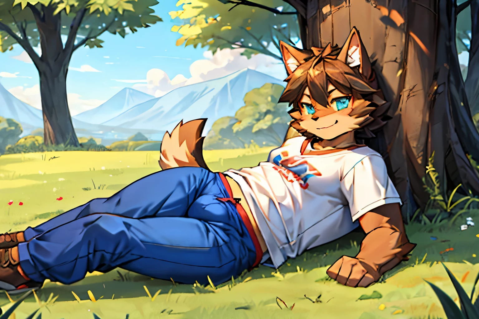 Chubby furry, canine, laying on grass under tree, shirt on, bulge in pants, blushing, fluffy tail, floppy ears